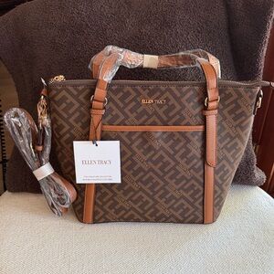 Ellen Tracy Brown Logo Monogram Tote with Tan Trim